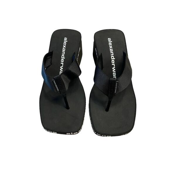 Alexander Wang Wedge Flip Flop Thong Sandals Logo Print Square Toe Black Size 37 - Picture 4 of 12